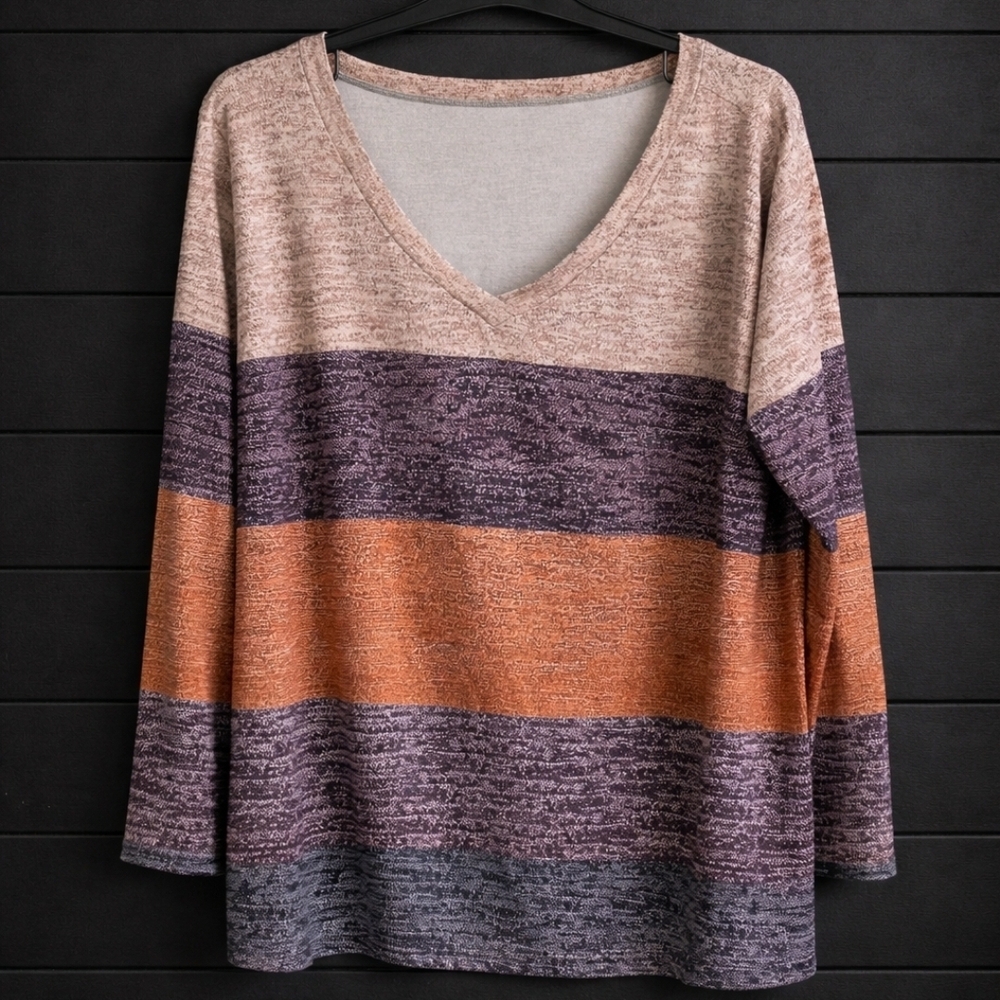 Striped V-Neck Long Sleeve Top - Pink, Purple & Orange
